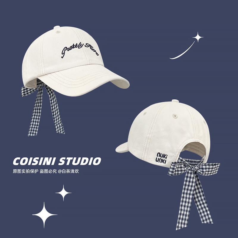 Correa de lazo retro a cuadros letras bordadas gorra de béisbol mujer versión coreana de primavera y verano todo fósforo cara sombrero de lengua de patito