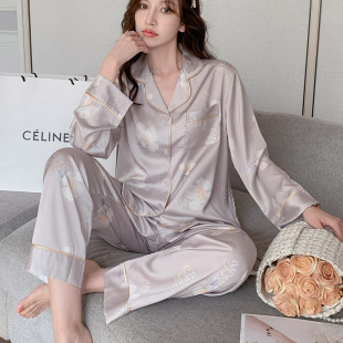 2024 New Pajamas for Women Summer Ice Silk Thin Long Sleeve Simulated Silk Home Clothes Air-Conditioned Room Spring and Autumn Suit