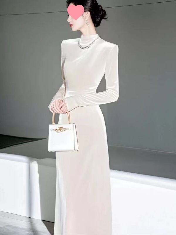 French White Half Turtleneck Velvet Bottoming Dress for Women Early Spring Formal Occasion Dress Long Skirt