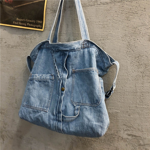 Korean women's Ins fashion versatile denim bag, simple large capacity canvas student school single shoulder crossbody bag