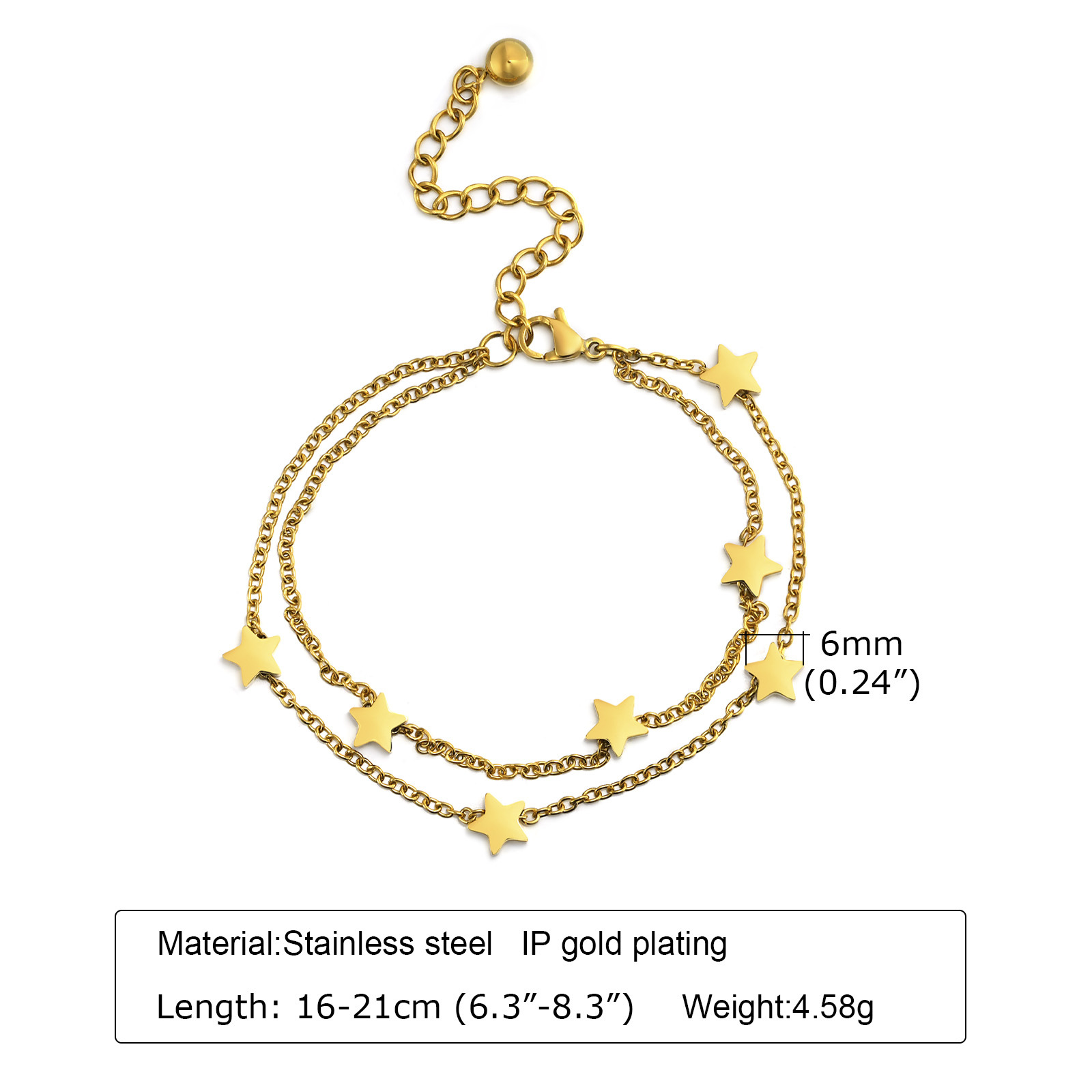 7g Weight 0.03µm-0.05µm Gold Plating Thickness PVD Coated Gold Plating Process Real Gold Plated Plating Material Bracelets Classification Simple Style Star 201 Stainless Steel Stainless Steel Bracelets In Bulk