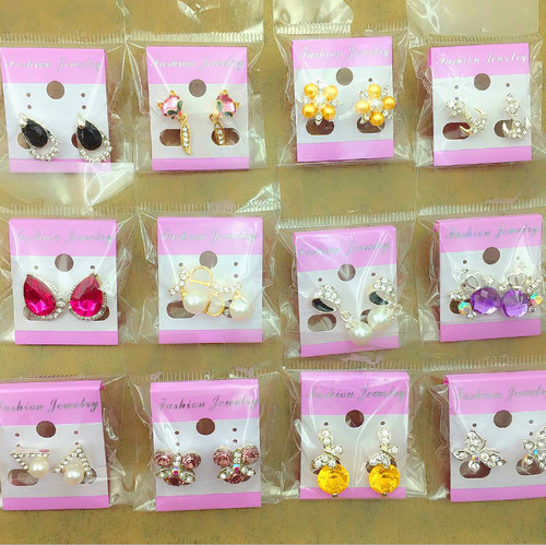 Japanese and Korean new color crystal earrings for women 2 yuan store rhinestone earrings street stall supply wholesale versatile accessories