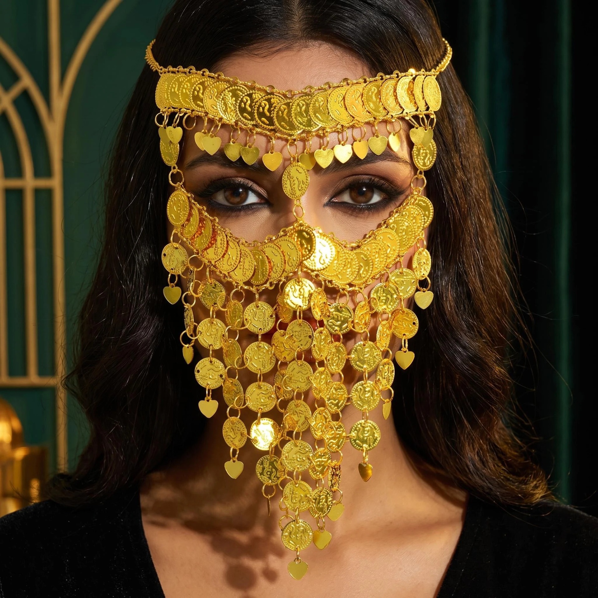 A high-end, inverted triangle head chain with a full-face coin tassel design, serving as a face-covering decorative chain, and offering an exotic head accessory