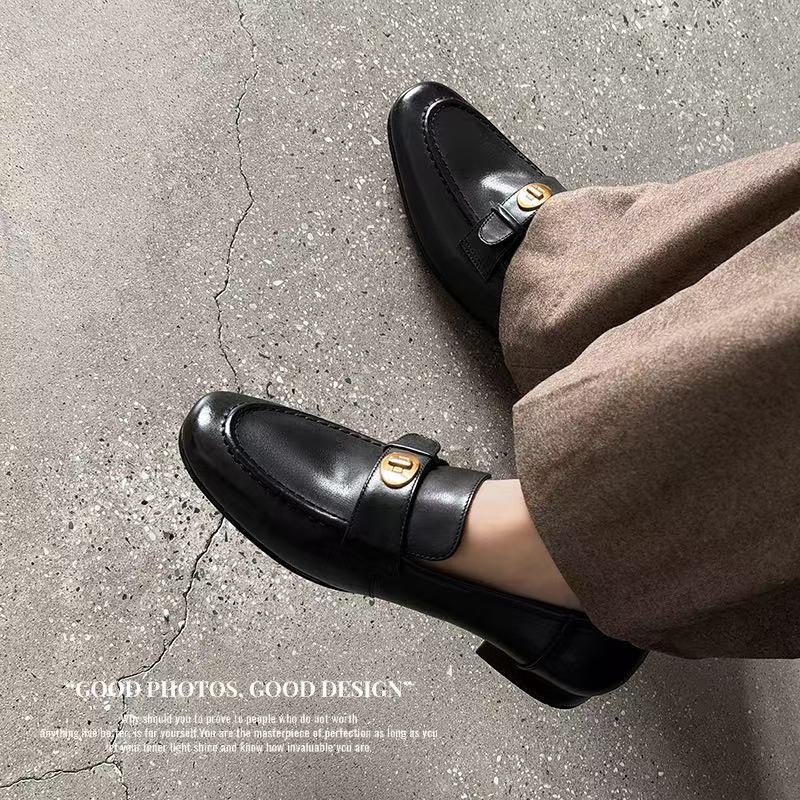 Giày loafer nữ da bò mũi sâu gót vuông thấp phong cách Anh Quốc — màu nâu chi tiết 2