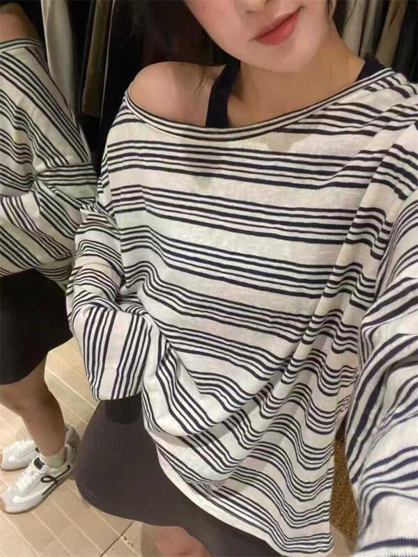 2025早秋新款撞色条纹斜肩配腰带T恤+内搭背心时尚洋气两件套装女|undefined