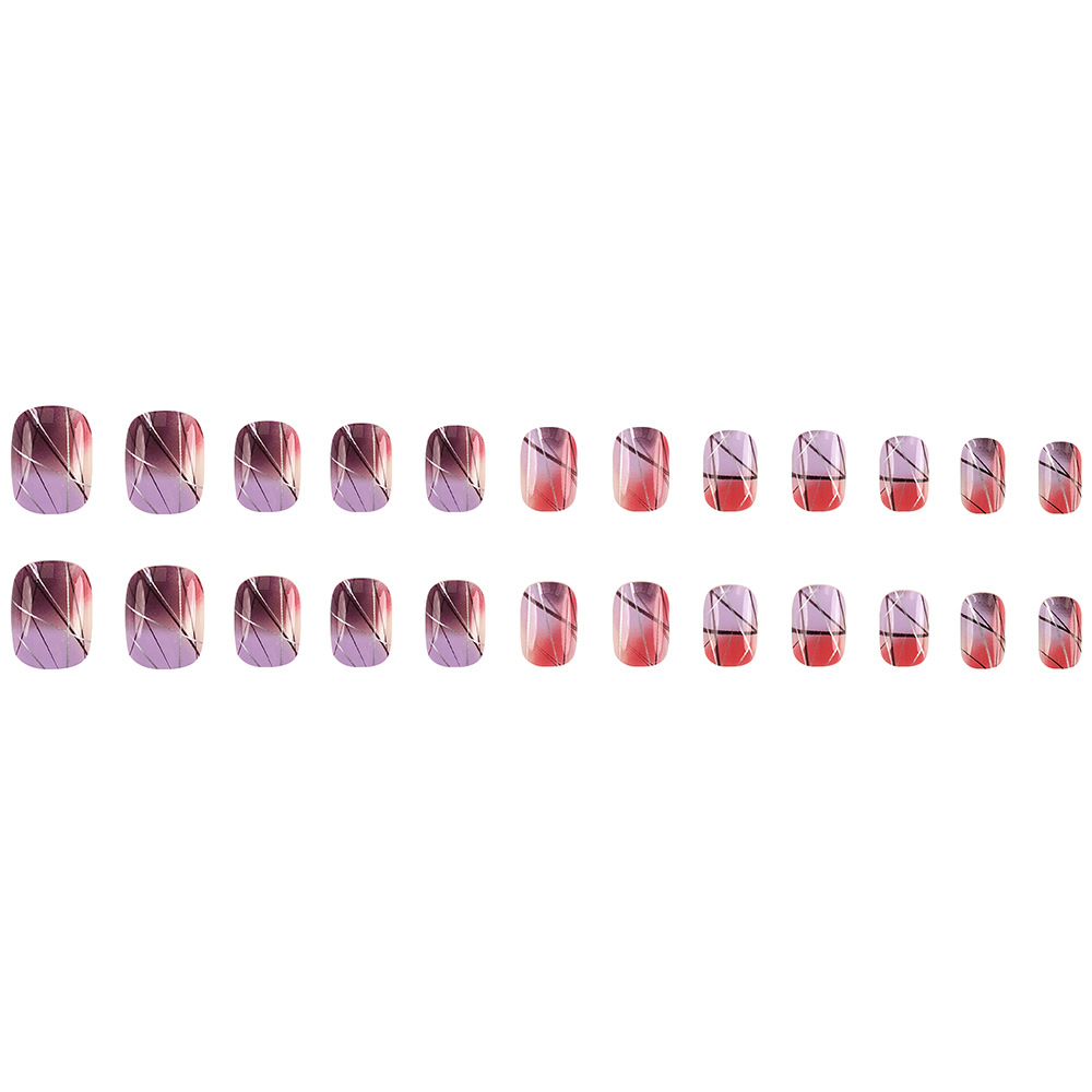Transfronterizo primavera y verano desgaste de uñas cortas esmaltado teñido de polvo de línea púrpura 24 piezas de uñas falsas parches al por mayor image 6