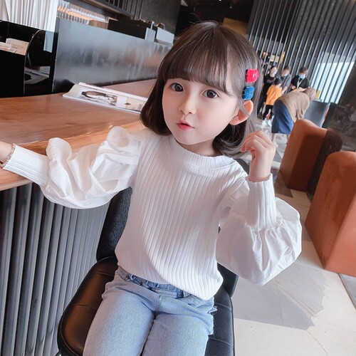 Girls puff sleeve 2024 spring new style children's style long-sleeved T-shirt Korean style outer wear knitted 6190