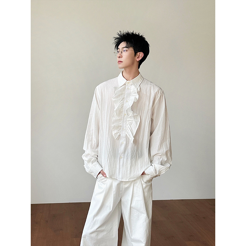 Real Shot of High-Quality Designer Ruffled Long-Sleeve Shirt for Men with a Turn-Down Collar, Textured Solid Color, Light Luxury Shirt Cs02565 Real Shot of High-Quality Designer Ruffled Long-Sleeve Shirt for Men with a Turn-Down Collar, Textured Solid Color, Light Luxury Shirt Cs02565