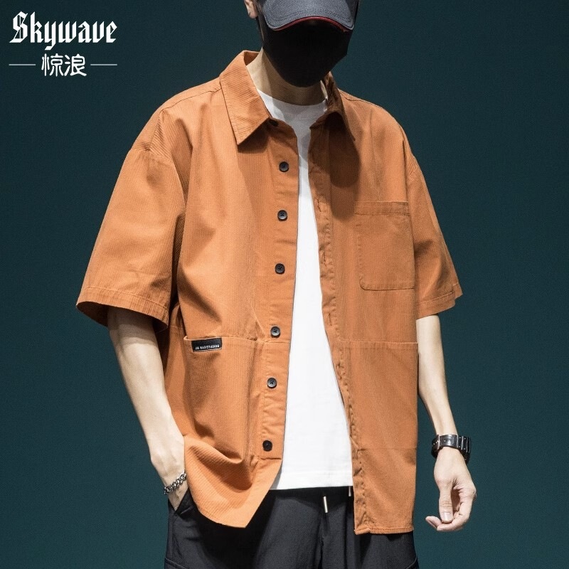 High-end orange Japanese-style short-sleeve shirt for men, new summer model, loose fit, large size, workwear shirt, stylish turn-down collar top