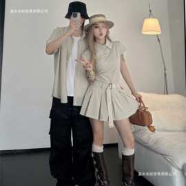 情侣装夏季新款学院风衬衫POLO领收腰显瘦百褶连衣短裙女一衣一裙
