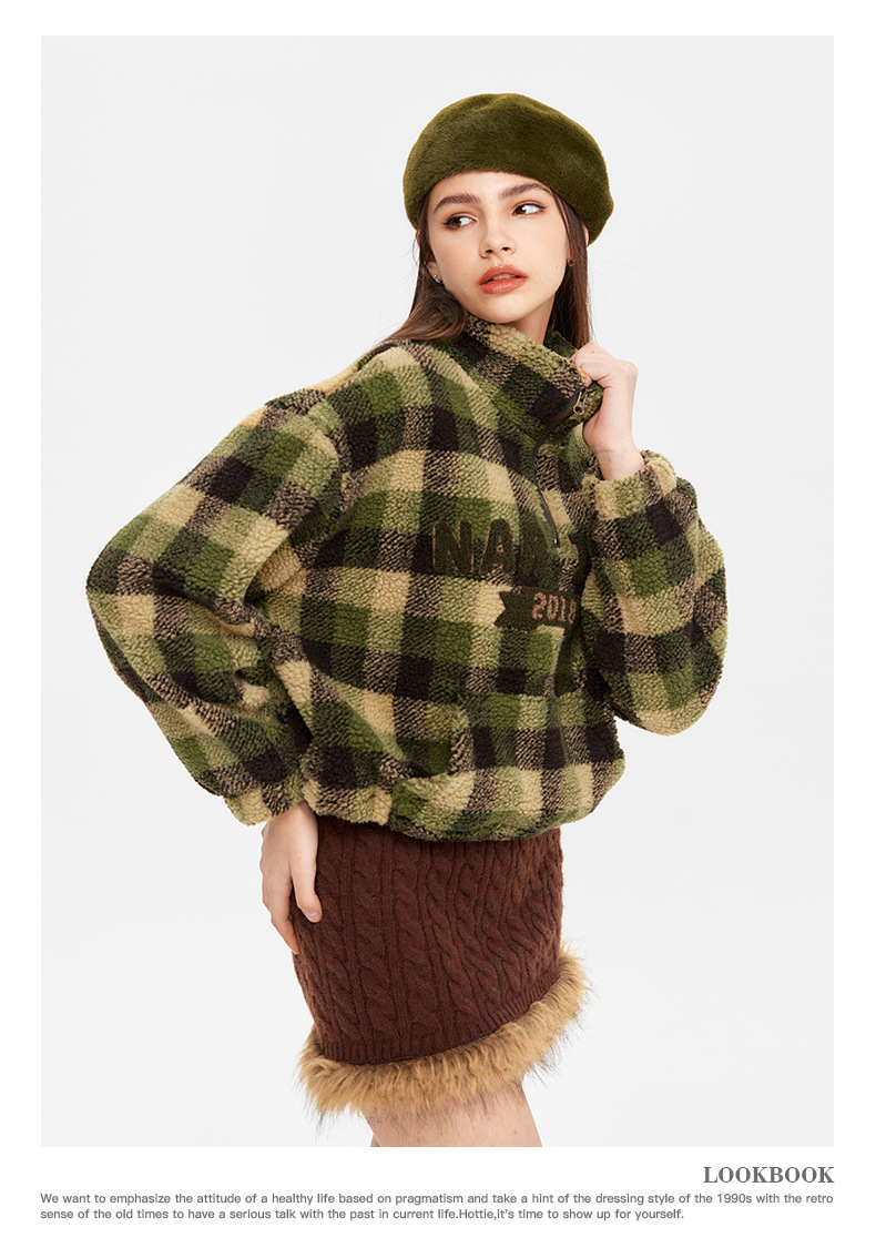 Women's Retro Half Zip Sweater Jacket Letter Embroidered Plaid_voghion.com