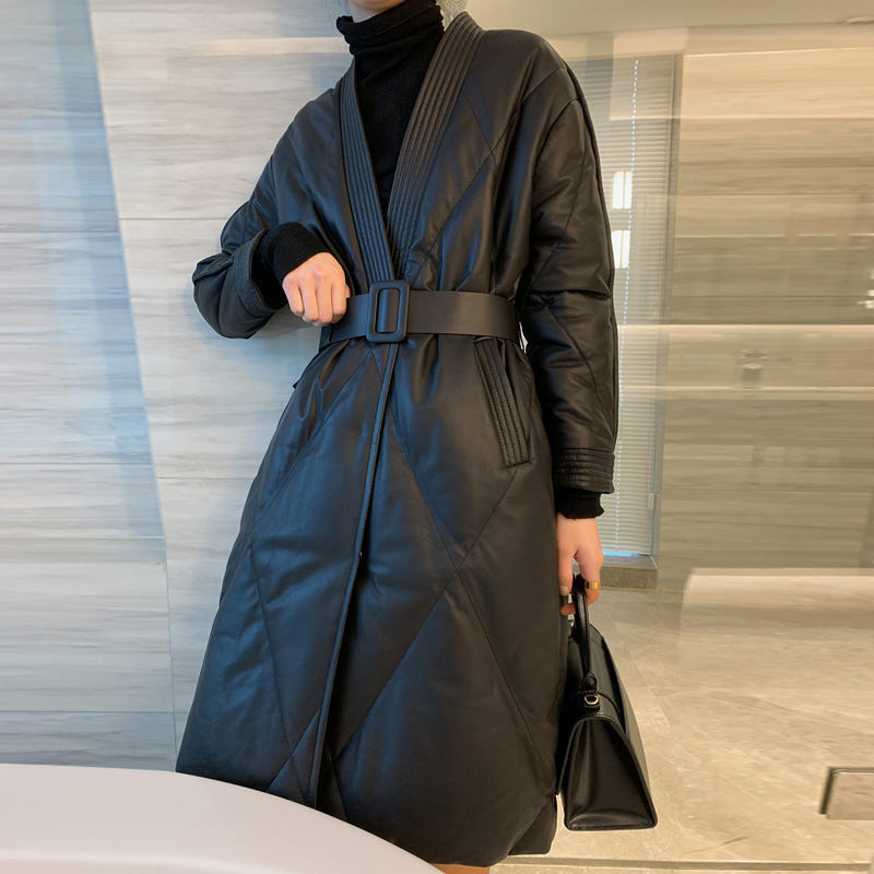 海宁皮衣2025新款秋冬季PU皮羽绒棉衣棉服女中长款外套收腰棉袄
