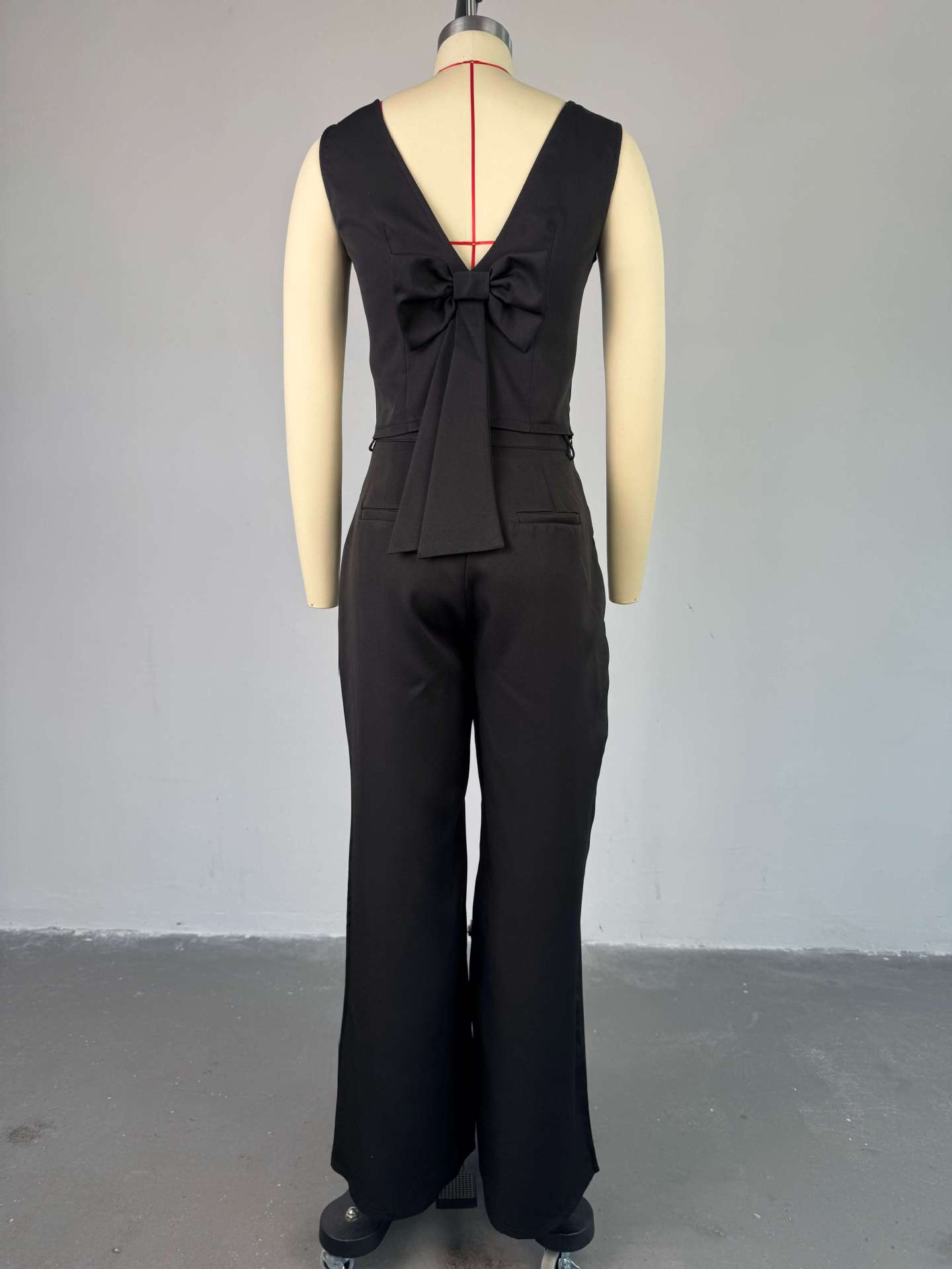 Women Clothing Spring Solid Color Backless Bow Top Wide Leg Trousers Casual Suit