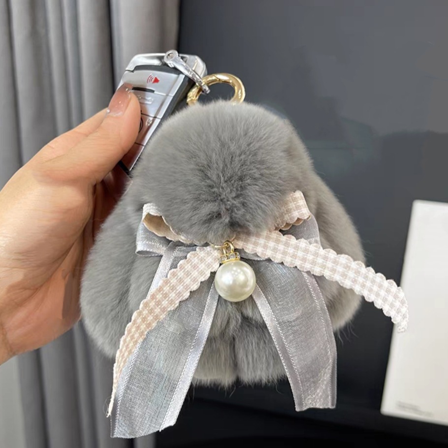 Cute conejo real peludo arco perla pequeño conejo llavero de coche colgante muñeca de peluche bolsas colgante