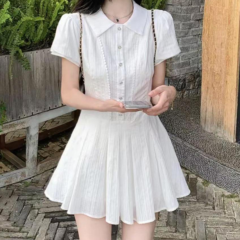 法式学风白色衬衫连衣裙子女夏季2025新款初恋气质绝美收腰长裙|undefined