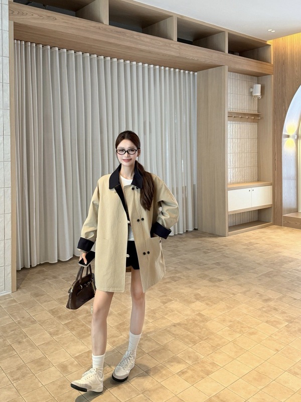 慵懒感polo领撞色长袖风衣外套女2025秋季新款休闲宽松中长款大衣|undefined