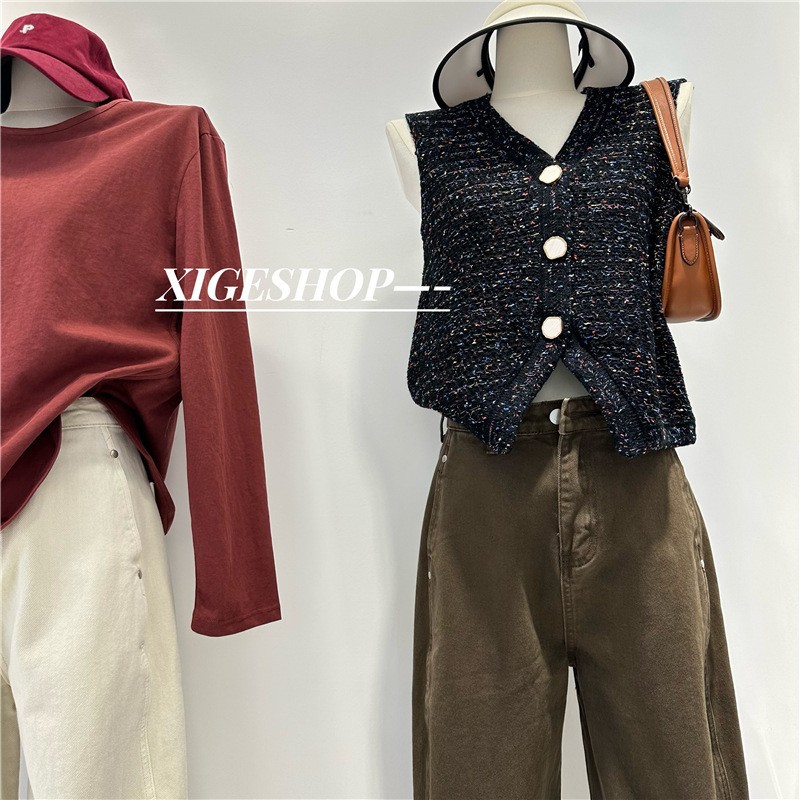 Estilo de Chanel con cuello en V Chaleco de punto cardigan de las mujeres del otoño desgaste exterior colorido hilado de alta Ji sentido split corto Chaleco de estilo occidental