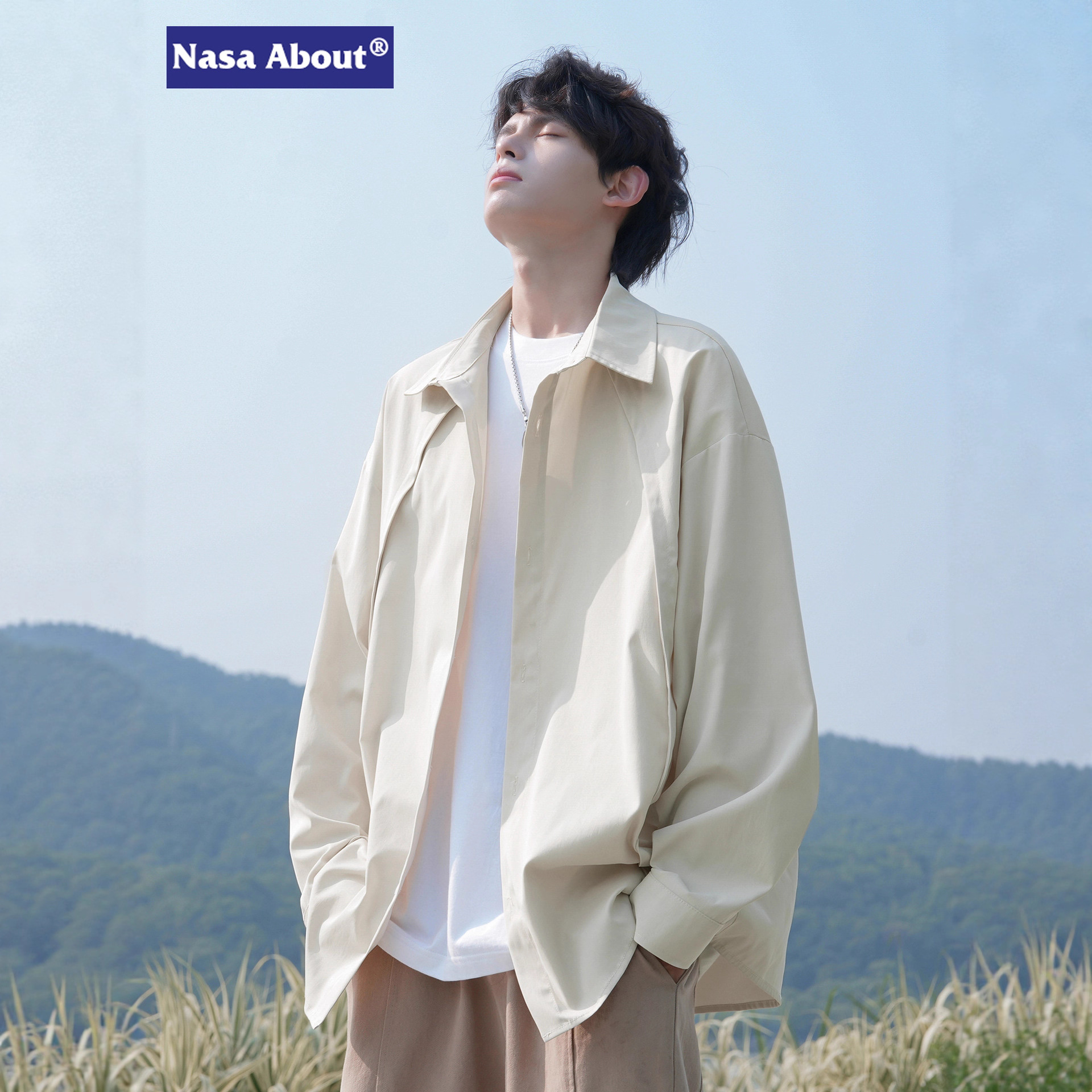 NASA 스플 라이스 솔리드 컬러 긴팔 셔츠 소년 2025 가을 루즈 심플 캐주얼 탑 아이스 실크 셔츠 자켓