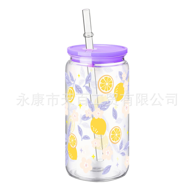 印花易拉罐造型可乐杯单层塑料吸管梅森杯子带盖网红饮料果汁水杯|undefined