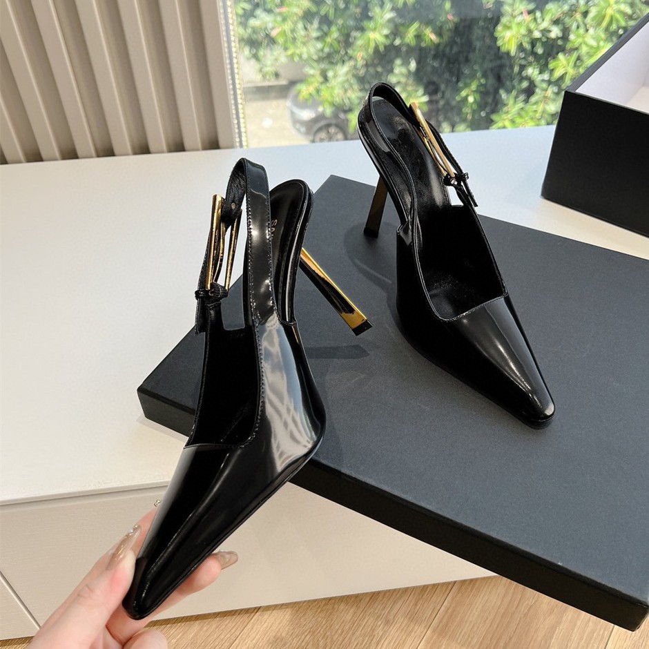 Nazha High Heels Women's 2025 New Black Patent Leather Elegant Single-layer Shoes Small Gold Strip Stiletto Heel Pointed Sandals for Women