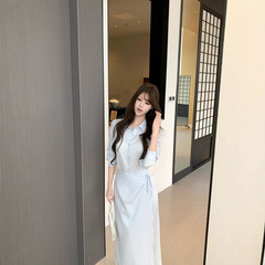 设计感假两件蓝色衬衫连衣裙女早秋季小众设计显瘦气质POLO长裙女