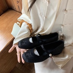 秒發！葡萄媽同款鞋國風新中式珍珠一字帶方頭提花瑪麗珍單鞋