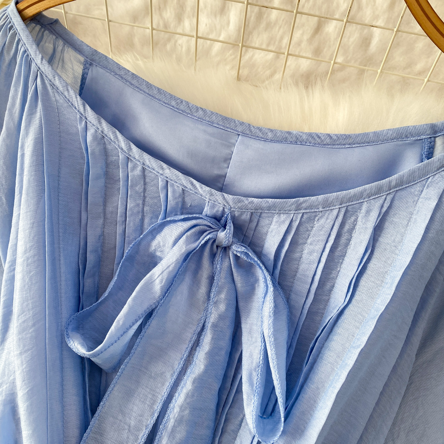 Women's French Style Tie Neck Puff Sleeve Dress Gentle Elegant Summer Casual Long Dress Simple Commuting Style_ecoleips.com