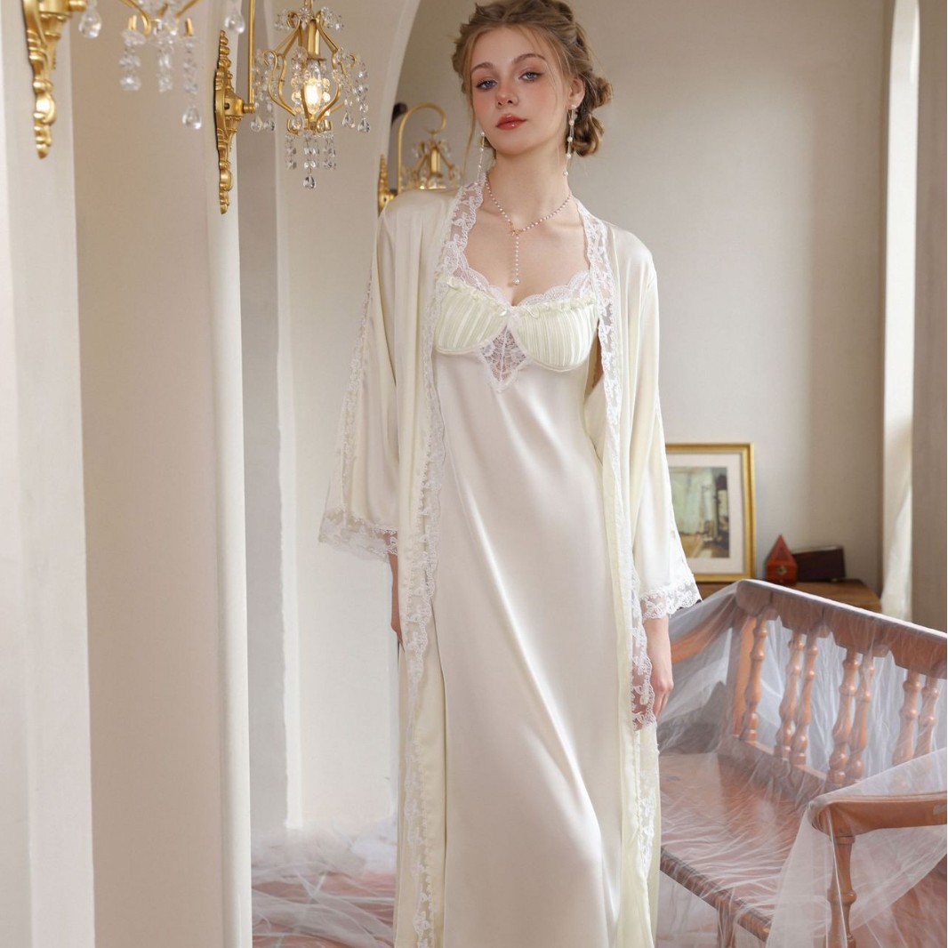 Sexy Robe Pajamas Spring and Summer High-End Ice Silk Suspender Skirt Long Skirt Elegant Dressing Gown Nightgown Suit Comes with Breast Pads