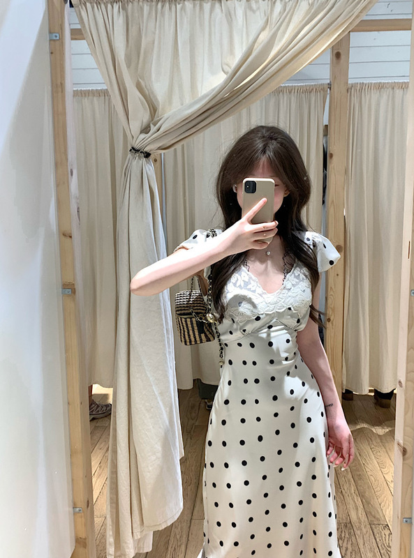 Pure Desire Lace Polka Dot V Neck Dress Women's Summer Slim Waist Straight Skirt Long Skirt Elegant and Fashionable