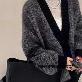 秋冬新款100羊毛开衫女宽松v领中长款加厚百搭温柔系扣羊绒外套