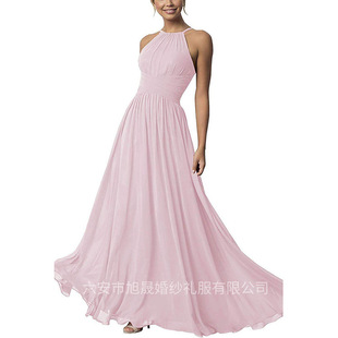 2024 Cross-border New Arrival Strap Chiffon Banquet Evening Dress Bridesmaid Dress Pleated Slim-fit Sleeveless Solid Color dress Women