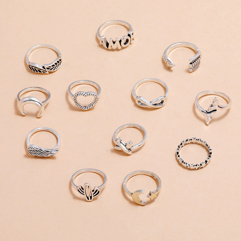 Jewelry Star Moon Airplane Wings Love Hollow Cactus Joint Ring Twelve-piece Set display picture 6