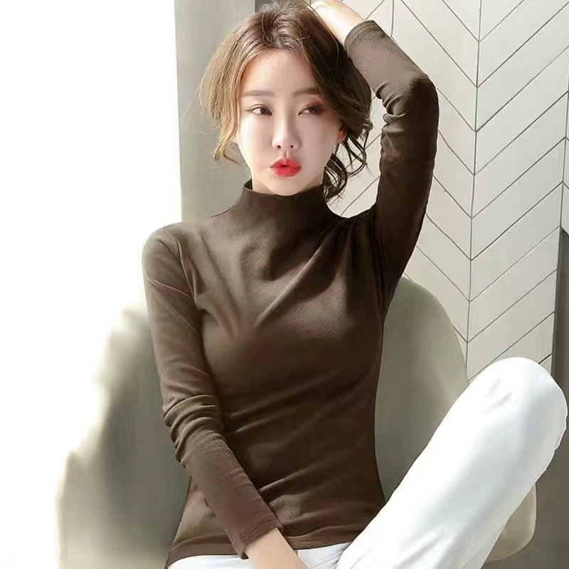Двусторонняя бархатная теплая рубашка из одного бархата на флисовой подкладке топ с полувысоким воротником осенне-зимняя облегающая внутри футболка с длинным рукавом женская