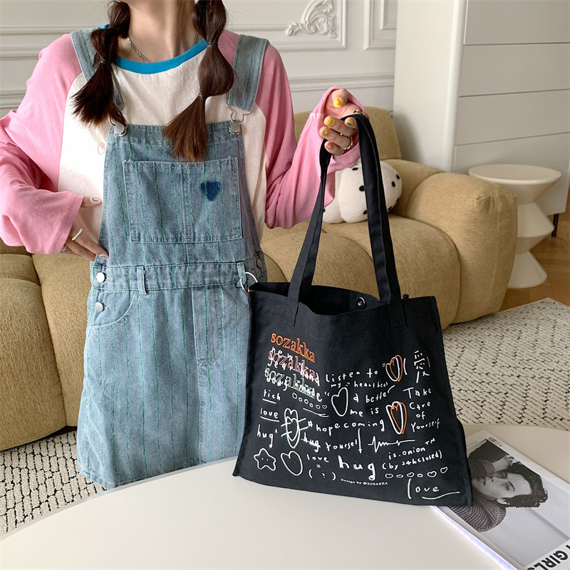 36273 Japanese and Korean canvas bag for women, versatile large-capacity embroidered and printed hand-held shoulder bag, student class bag undefined