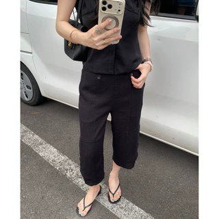 百视旺  2026夏季新款高腰七分裤女纽扣设计显瘦宽松直筒休闲裤