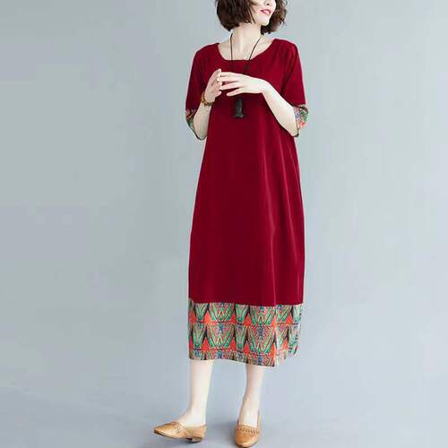 Ethnic-style retro color-blocking patchwork print short-sleeve dress for summer plus size loose youthful tunic women long dress