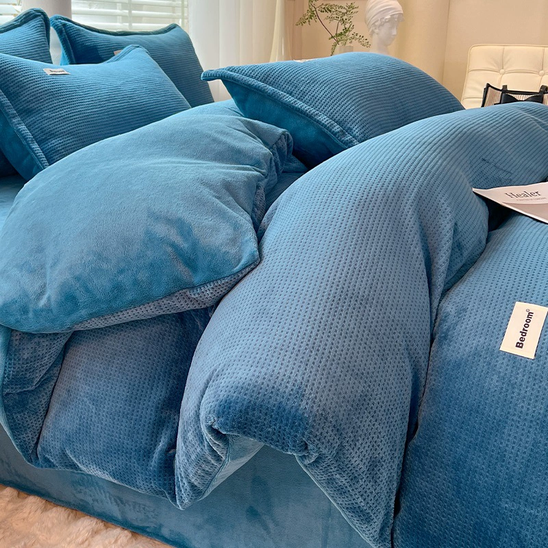 velvet warm jeans, coral set, warm sheet, flannel suede duvet cover, 4 piece set, bedding