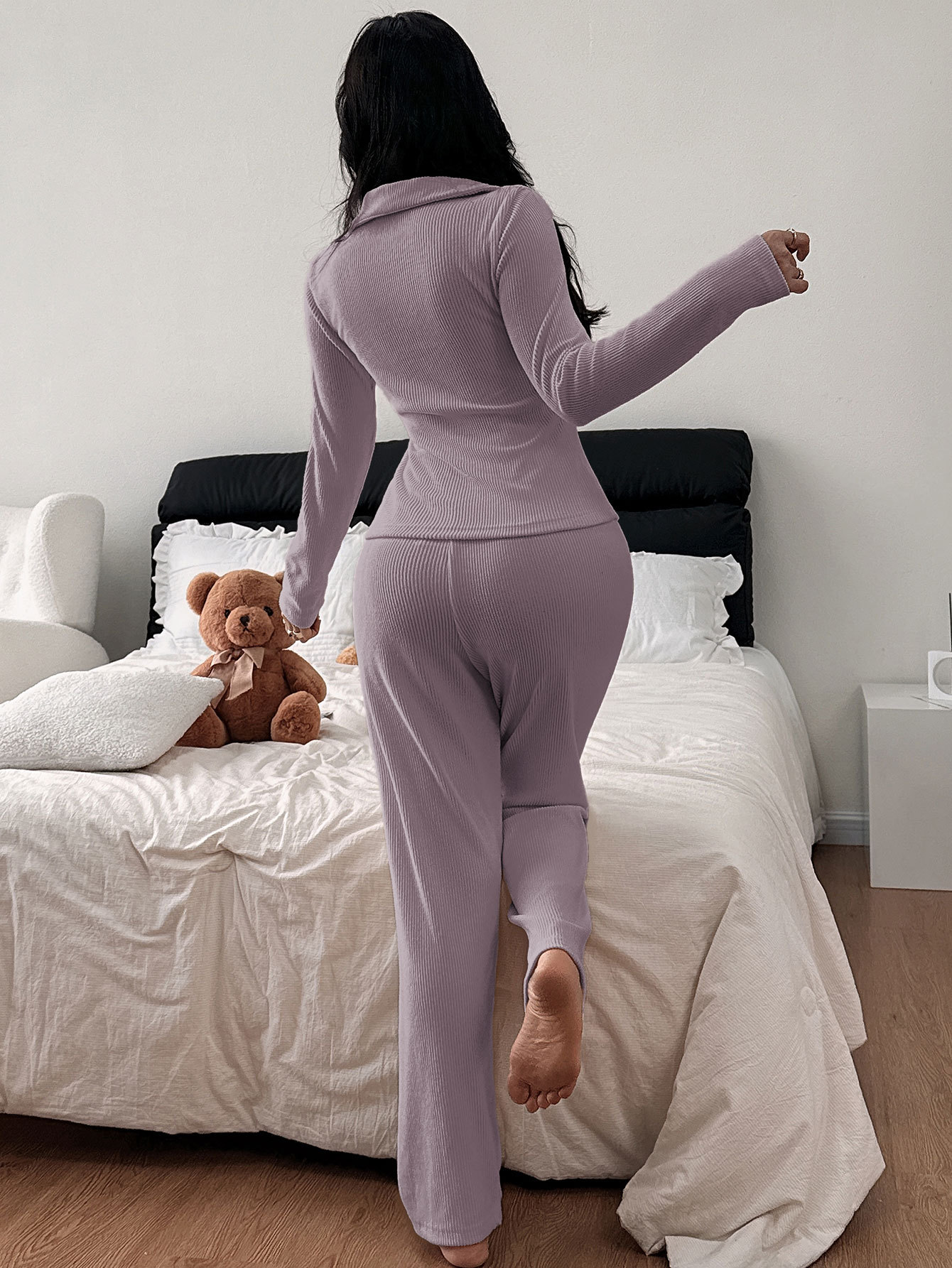 Damernas pyjamasset med polokrage och långärmad loungewear_voghion.com