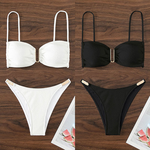 2024 European and American Solid Color Bustier Beach Bikini Alipay Triangle Separating Hot Spring Swimsuit Women's Style