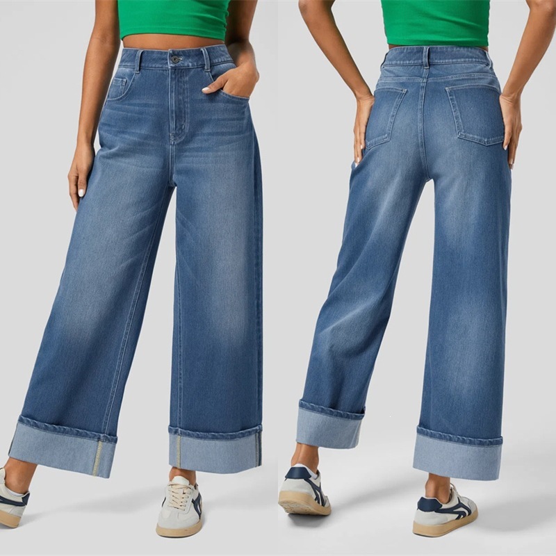 Jeans Rectos de Cintura Alta para Mujer de Algodón y Poliéster Corte Recto para Uso Diario