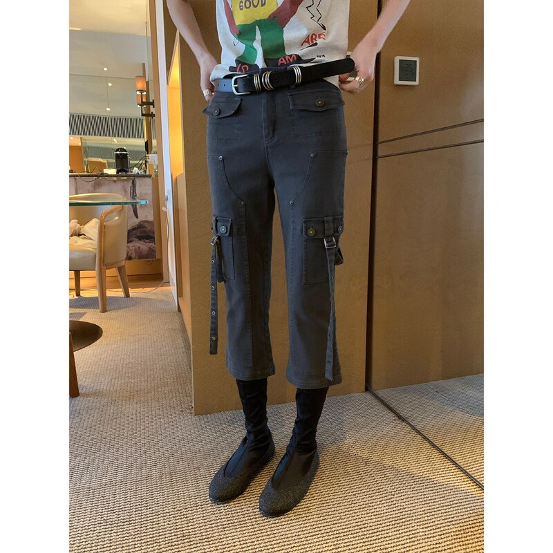 Mona Heavyweight Stretch Faux Denim Mid-Waist Multi-Pocket Retro Y2K Functional Workwear Cropped Pants for Women