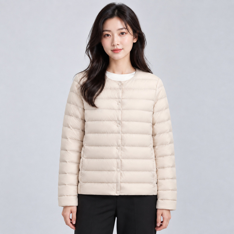 Pinghu Chi New Women's New National Standard 90 Velvet New Pure Color Women's Round Neck V Neck Simple Long-Sleeved down Jacket