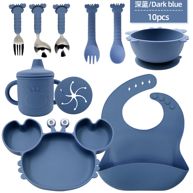 Bebé de grado alimenticio silicona cubierta set cangrejo plato set diez piezas bebés silicona anti-caída resistente al calor ventosa cucharas