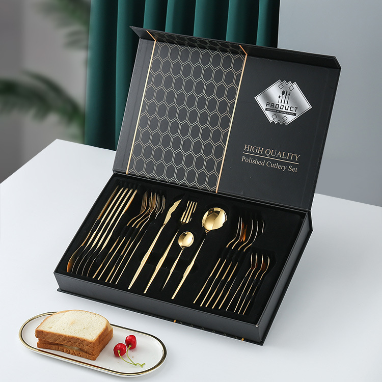 Amazon transfronteriza de 24 piezas de acero inoxidable occidental vajilla traje 1010 cuchillo, tenedor y cuchara de oro natural de almacenamiento en rack caja de regalo