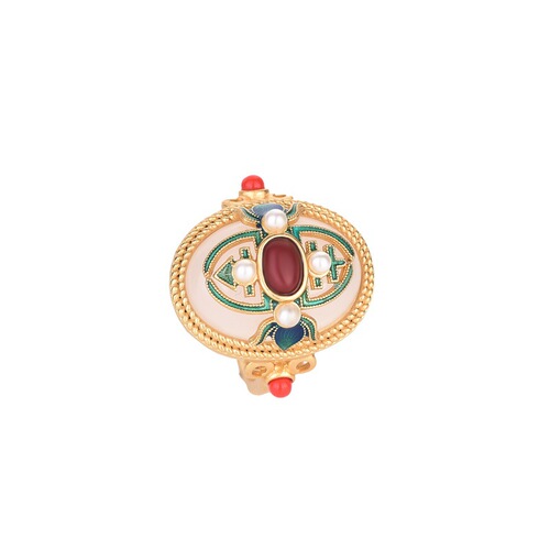 Palace design Chinese style elegant ancient gold enamel cloisonné multi-treasure ring inlaid with white jade and southern red ring
