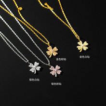 s925银森系镶钻花朵项链夏季日韩版女式四瓣花锁骨链D8379