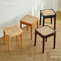 藤编方凳小户型休闲凳简约凳子日式风实木凳子可叠放餐凳客厅家用