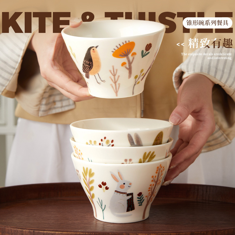 Underglaze Color 5-Inch Rice Bowl Household Japanese Ceramic Tapered Bowl High-Value Cute Cartoon Dessert Bowl Wholesale