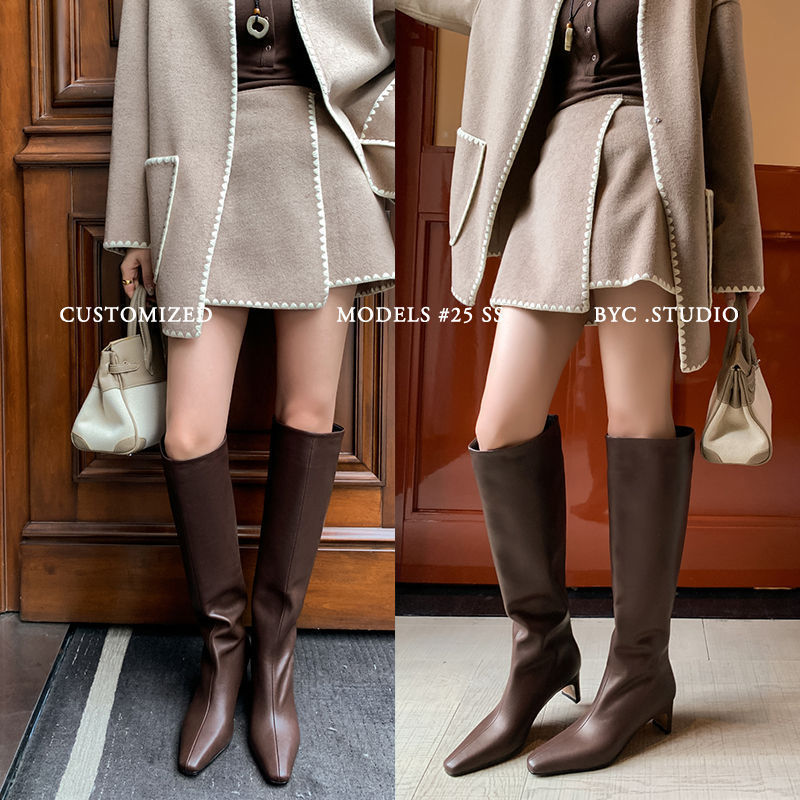 Brown Knee-High Boots for Women, Spring & Fall High-Heeled Boots, Over-The-Knee Straight Boots, Hot Girl Knight Boots, Pointed Toe Slimming Look