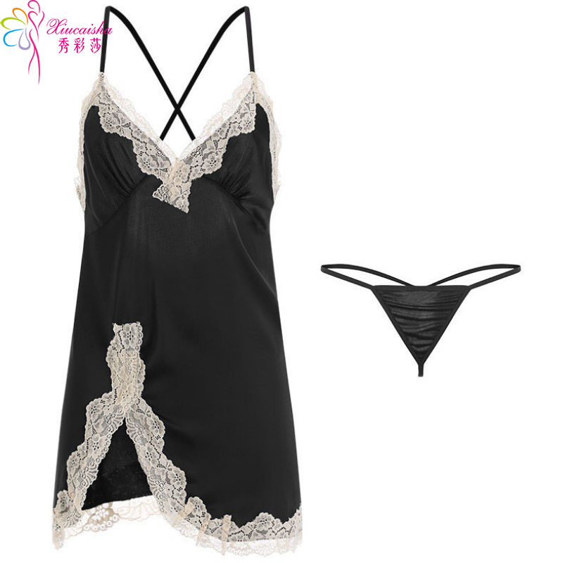 Lace Sling Babydoll Nightgown with Thong, Satin Blue One Size — detail image 38